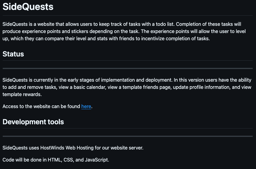 SideQuests website ReadME